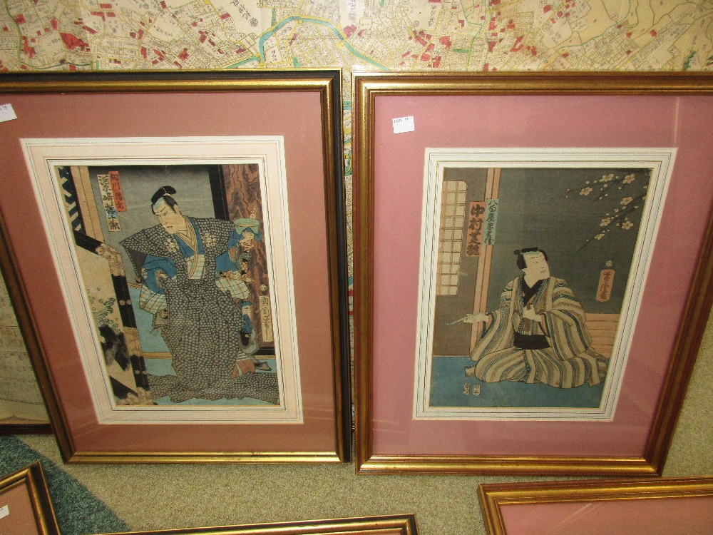 Utugawa School, seven Japanese woodblock prints, oban, within gilt frames (7) - Image 3 of 5