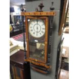 A Tunbridge ware cased wall clock with mercury compensated pendulum, approx 100cm high