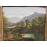 English School (19th century) A River landscape with classical buidlings, oil on canvas, frame