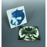 William de Morgan, a fish painted tile, painted in blue, together with another Fulham Pottery tile