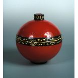 Robj, Paris, an enamelled glass vase, the globular red body with enamelled rim and waist band,