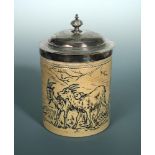 Hannah Barlow for Doulton Lambeth, a stoneware biscuit barrel, with hinged electroplate cover,
