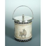 Hannah Barlow for Doulton Lambeth, an electroplate mounted biscuit barrel or canister, decorated