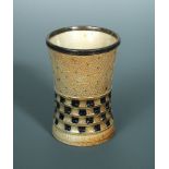 A Martin Brothers stoneware beaker, the waisted cylindrical form with silver mounted rim above