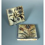 Two Martin Brothers stoneware tiles, each incised and painted with flowers, unmarked 15 x 15cm (6