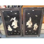 A pair of framed Japanese black lacquer panels inlaid with figures, 105 x 63cm (2)