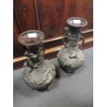 A pair of Japanese bronze vases with dragon handles, dark patination, 39.5cm high