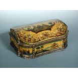 An early 18th century wooden box decorated with lacca povera, the shaped round arched lid with