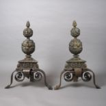 An important pair of 17th century large Italian bronze Andirons, in the Renaissance style, the