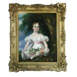 English School, 19th Century Portrait of a young girl, seated, holding flowers in her lap, in a