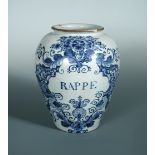 An 18th century Dutch Delft blue & white drug jar, the shouldered ovoid body inscribed 'RAPPE' in an
