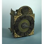 A miniature posted frame lantern type wall clock, 18th century, the 10cm brass dial bearing a