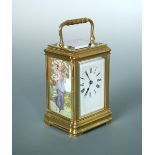 A late 19th century French repeating gorge case carriage clock with painted side panels, rectangular