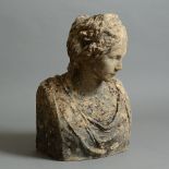 A 19th century weathered composite stone bust of a lady, the pensive subject looking to sinister