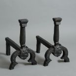 A pair of 17th century Wealden cast iron Andirons, Mayfield, Sussex, bearing the Phoenix shield