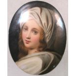 A 19th century porcelain oval plaque, painted after Guido Reni with a portrait of Beatrice Cenci, 13