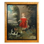 English Provincial School, 19th Century Portrait of a child standing full length in a red dress with