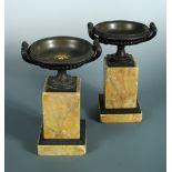 A pair of Grand Tour bronze two handled urns on Sienna marble plinths, each centre of the shallow