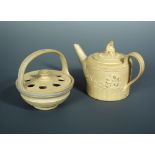 An Elijah Mayer small caneware teapot and cover, of engine turned cylindrical form, the low domed