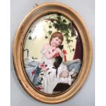 A Continental porcelain oval plaque, painted with a young girl seated on the edge of a bed holding a