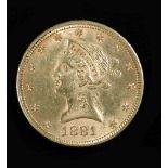 A USA ten dollar gold coin, 1881