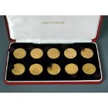 A cased collection of ten gold sovereigns, from George III to Elizabeth II, to include 1817, 1832,