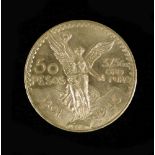 A Mexican gold fifty pesos piece, oro puro 1821-1946, 37.5gms