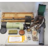 A modern Nikon spotting scope, another spotting scope, a Minor insulation tester, and other items