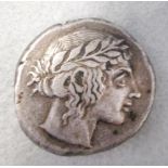 Sicily, Leontini tetradrachm, c.440 BC, laureate head of Apollo, rev lion's head with four barley