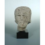 A carved stone head, possibly medieval the head 21cm (8in) high, on ebonised square plinth