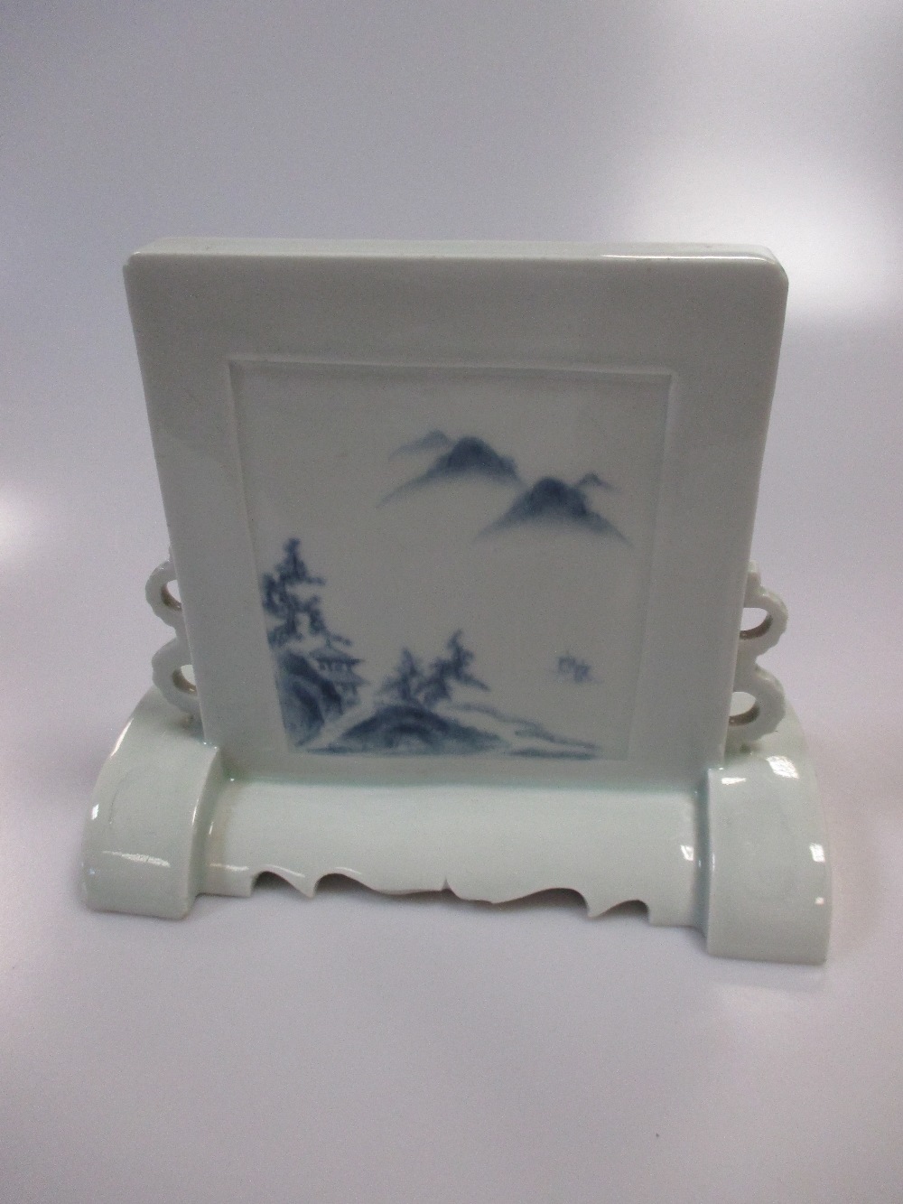 A 19th century Hirado table screen with blue landscapes flanked by double loop handles 15cm high - Image 2 of 5