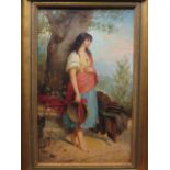 A Vacano (Italian, 19th Century) A barefoot Italian dancer with a tambourine, a lute beside her