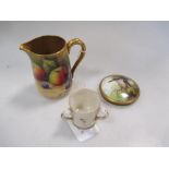 A Royal Worcester small jug painted with fruit and signed by W (Walter) H Austin, a small circular
