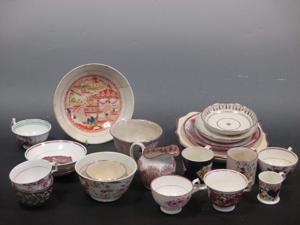 A collection of pink lustre, puce printed and related wares by Davenport, Hilditch and others