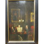 English naive School, 'The Gentleman's Club', three figures seated around a table reading and
