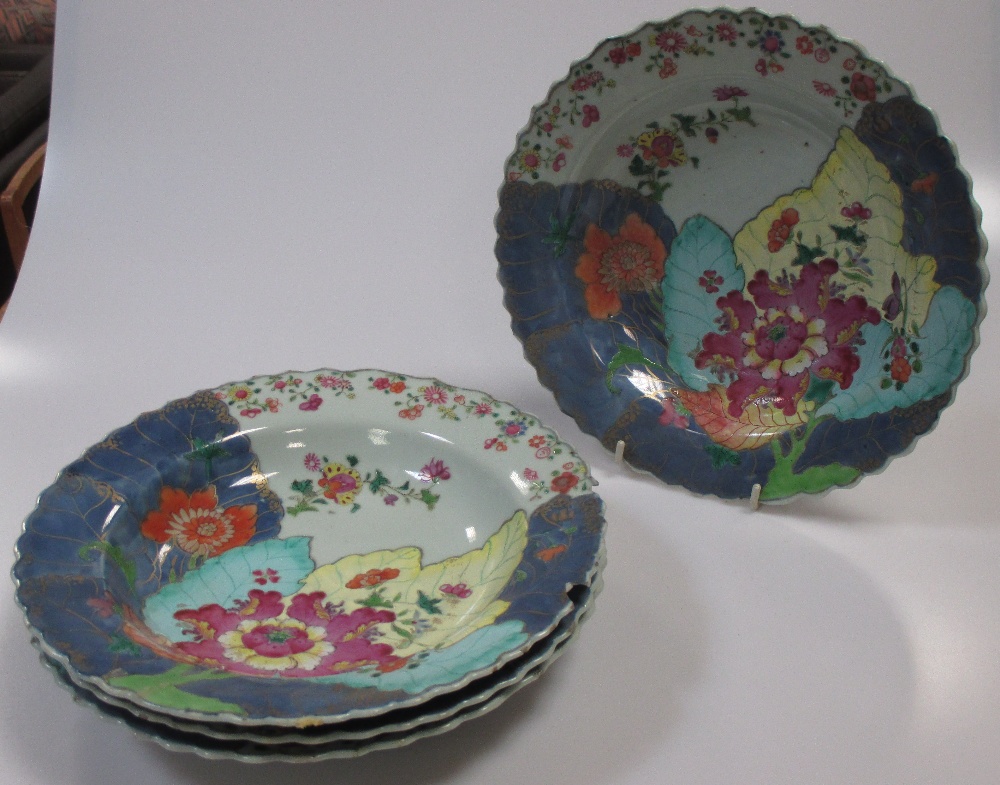 Four 18th century Chinese 'Tobacco Leaf' soup plates