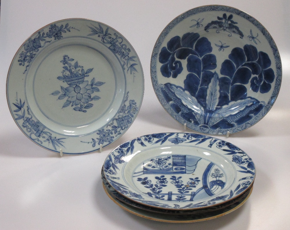 Five various 18th century Chinese blue and white plates