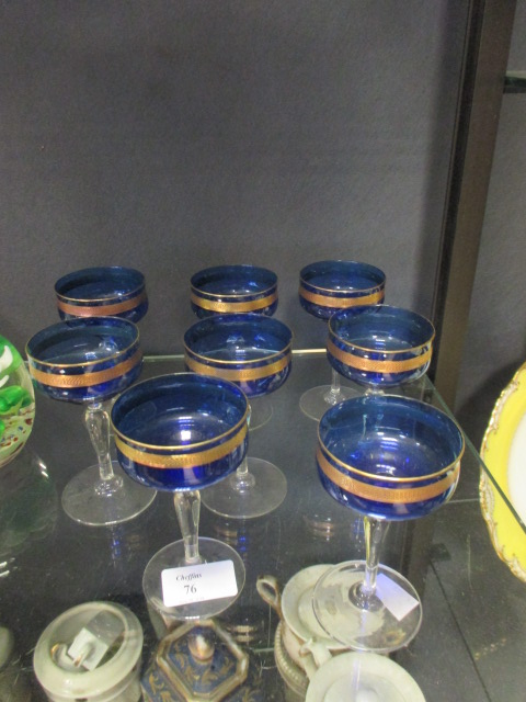 Six miniature ceramic houses by Coalport, a glass paperweight, eight blue glasses, (qty) - Image 3 of 3