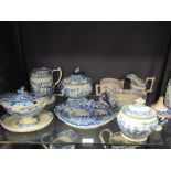 A collection of 19th century Staffordshire blue and white transfer printed pottery, to include a