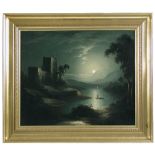 Sebastian Pether (British, 1790-1844), Moonlit landscape with a church on a hill above a lake,