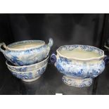 A John & William Ridgway two handled blue and white pottery tureen, printed with a ploughing team;