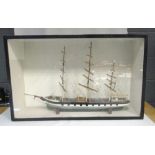 A late 19th century scale model of a three masted barque with full rigging, contained in a glazed