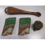 A pair of Chinese silk Ladies shoes, a cased set of opium scales and a Tibetan prayer wheel (3)