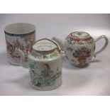 An 18th century Chinese famille rose quart mug, a mandarin palette tea pot and another Canton