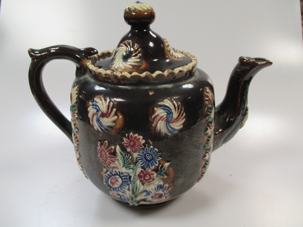 A 19th century bargeware teapot and cover, applied with a plaque incised 'Joseph Sale 1884' - Image 5 of 5