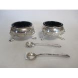 A pair of silver tub salts with blue glass liners by CJ Vander, London 1967 and spoons by the same
