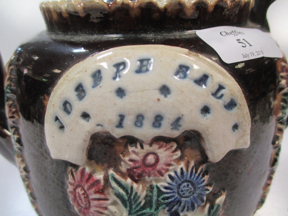 A 19th century bargeware teapot and cover, applied with a plaque incised 'Joseph Sale 1884' - Image 2 of 5