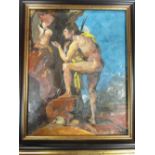 A small 20th century oil on board male nude study, 22 x 17.5cm and a 20th century wood engraving