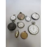 A collection of six open faced pocket watches, a stopwatch, a photograph pendant and a shell box (9)