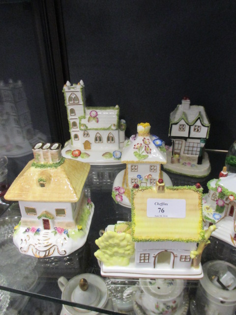 Six miniature ceramic houses by Coalport, a glass paperweight, eight blue glasses, (qty) - Image 2 of 3